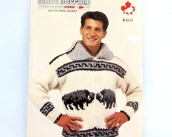 White Buffalo Wool Cowichan Sweater Circular Knitting Pattern #B6117 - PDF - Buffalo Design plus Bonus Blank Charts & Hood B2G1 Sale