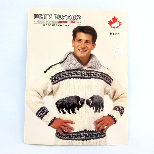 White Buffalo Wool Cowichan Sweater Circular Knitting Pattern #B6117 - PDF - Buffalo Design plus Bonus Blank Charts & Hood B2G1 Sale