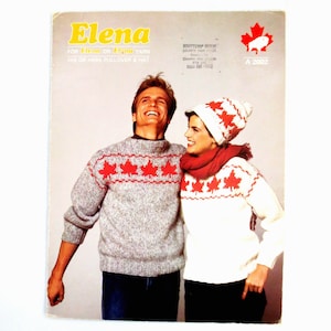 Op de afbeelding: Breipatroon voor een trui en een muts met een Canadees esdoornbladontwerp. Het patroon heet "Elena" en is voor "Elan" of "Elyse" garen.