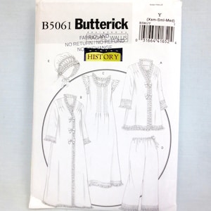May include: A vintage Butterick sewing pattern, B5061, featuring illustrations of a nightgown, robe, and pajama set. The pattern includes a bonnet. The package is white with black text and illustrations. The word "HISTORY" is in a yellow box.
