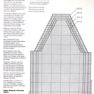 May include: A black and white knitting chart for a sweater back. The chart shows the number of stitches to knit for each row. The chart includes instructions for raglan shaping on the shoulder seams. The chart also includes instructions for decreasing stitches for different sizes. The chart includes the following sizes: 44, 40, 36, and 32. The chart also includes the following text: 'Design Your Own Back', 'Purl Row', 'Begin Here With Knit Row', 'Size 44', 'Size 40', 'Size 36', 'Size 32'.
