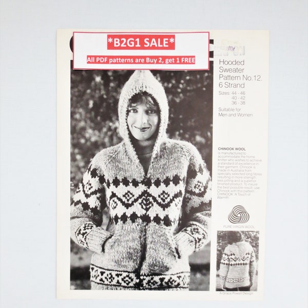 Chinook White Buffalo Wool Cowichan Sweater with Hood Knitting Pattern 12 - PDF- plus Bonus "Design Your Own" Charts B2G1 Sale