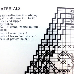 May include: Knitting pattern chart for a garment with instructions for materials, including yarn, needles, and a zipper. The chart shows the number of stitches for different sizes: 42-44, 38-40, 34-36, and 30-32.