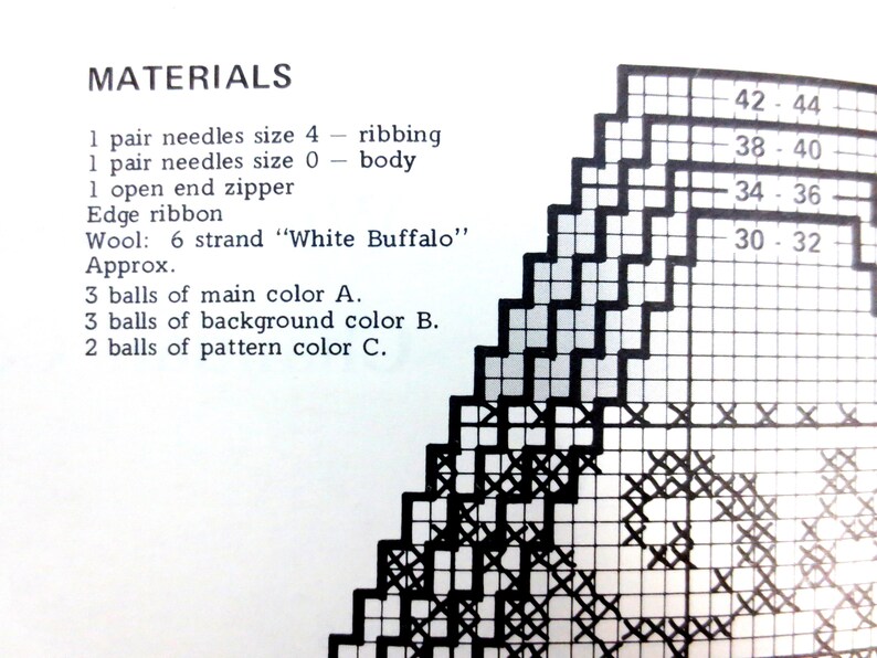May include: Knitting pattern chart for a garment with instructions for materials, including yarn, needles, and a zipper. The chart shows the number of stitches for different sizes: 42-44, 38-40, 34-36, and 30-32.