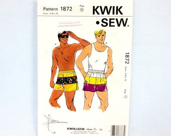 Kwik Sew 1872 Men's Swim Trunks & Shorts Multi-Size S to XL Waist 28-42" Optional Fitted Lining Inside or Side Pockets Uncut FF 1989