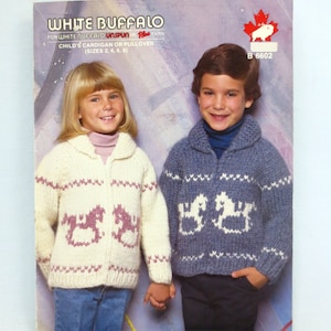 White Buffalo Cowichan Style Sweater B-6602 Rocking Horse Pattern Child&#39;s Sizes 2-4-6-8 Digital PDF Bonus Cap/Toque/Hat B2G1 Sale