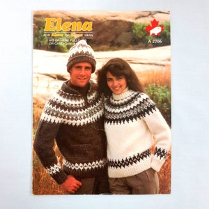 May include: A knitting pattern for a sweater with a black, white, and gray geometric design. The pattern is called "Elena" and is for "His or Hers Pullover or Cardigan".