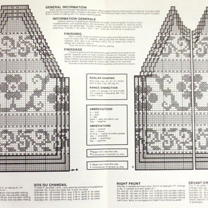 May include: Black and white knitting pattern chart for a sweater with a floral design. The chart includes instructions for the back, front, and right side of the sweater. The chart is in English and French.