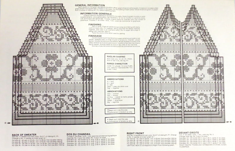 May include: Black and white knitting pattern chart for a sweater with a floral design. The chart includes instructions for the back, front, and right side of the sweater. The chart is in English and French.