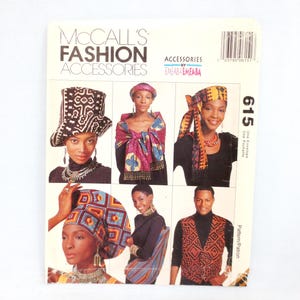 May include: A McCall's Fashion Accessories pattern envelope featuring various head wraps, scarves, and a vest. The cover showcases multiple images of the accessories, with the number 615 visible on the right side.