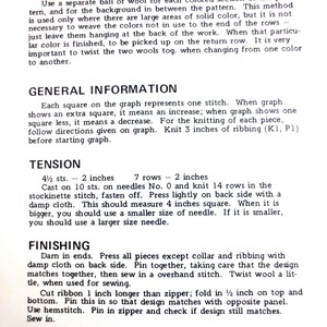 May include: A black and white text document with instructions for knitting a colored pattern. The document includes instructions for tension, finishing, and general information. The text includes the words "Colored Pattern Knitting" and "General Information".