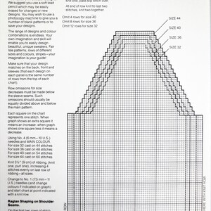 May include: A knitting chart for a back panel of a sweater. The chart shows the number of stitches to cast on for different sizes, and the rows to omit for each size. The chart also includes instructions for raglan shaping on the shoulder seams.