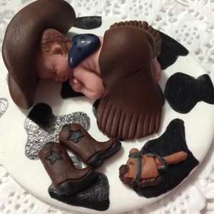 This little cowboy is ready for your cake.  Baptism, Birthday, Baby Shower, Cake Topper or just because he is cute.