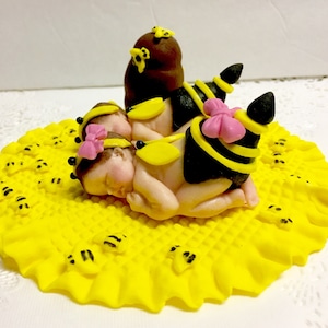 These little baby bumble bee twins are resting for your party.. Baby Shower, Birthday, Baptism, Cake Topper, christening