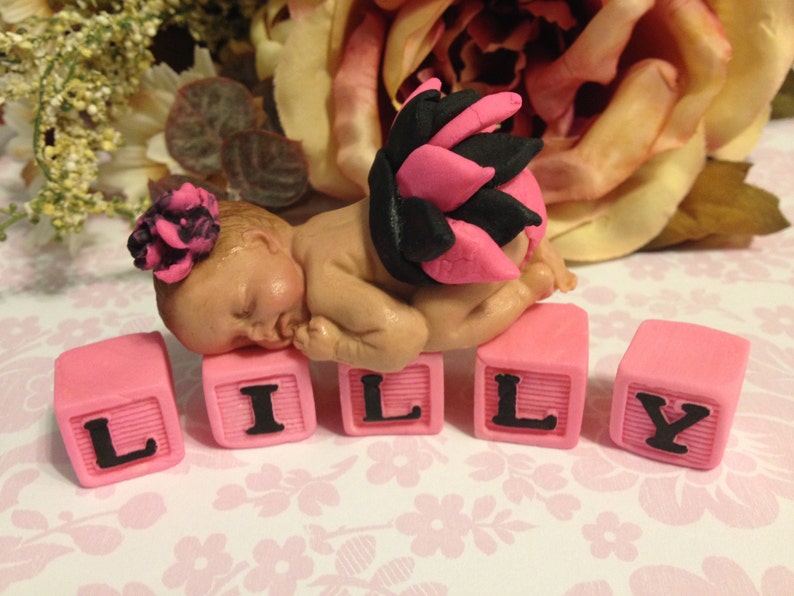 Baby Girl Sleeping on Pink Blocks with name on it. Birthday, Baptism, Cake topper, Baby Shower 