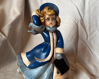 Vintage Ceramic Caroler Christmas Figurine, 1977 Atlantic Mold, Signed Holiday Winter Decoration Blue & White