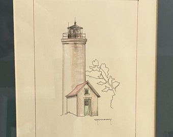 Vintage Lighthouse Pen Sketch, Signed, Staszesky, Simple Minimalist Beach Art, Framed