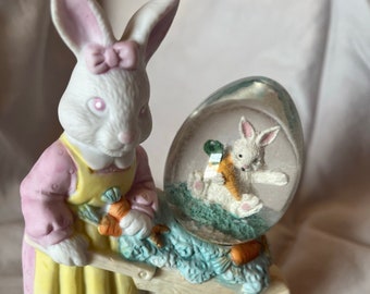 Vintage Ceramic Easter Bunny Gardener Snow Globe, circa 1990s