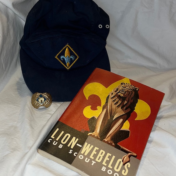 Vintage Cub Scout Gear - Lion-Webelos Book, Wolf Logo Brass Scarf Clip, Webelo Fleur de Lis Hat, 1950s Boy Scout