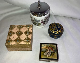 Vintage Set of 4 small jars/boxes/stash containers or trinket jewelry storage; Sun & Moon, Raspberries, Victorian Courting