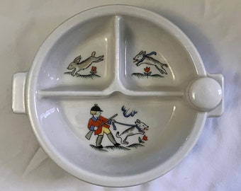 Vintage Hankscraft 962 Ceramic Divided Insulated Baby Food Plate; Hunter and Rabbits Motif, Includes Original Cork Stopper