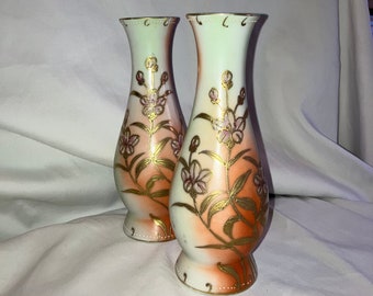 Vintage Ucagco China Bud Vases - Set of Two - Gold and Orange Flower Detail, Japan