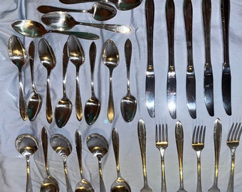 Vintage Silverplate and Stainless Silverware Set - Service for 5 + extras, 30 flatware pieces