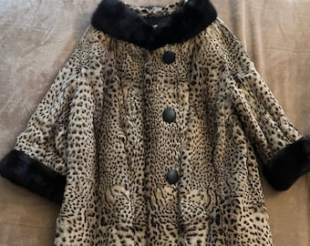 Vintage Mink Fur Coat - Faux Leopard Print, Mink Collar and Cuffs, Midcentury 50s 60s with Large Black Buttons - Pollacks Mink Farm