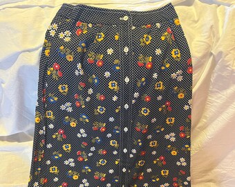 Vintage Black Button Down Floor Length Skirt - The Villager Size 2-4 with Floral and Polka Dot Details