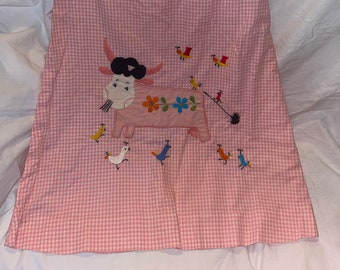 Vintage Pink Gingham Children’s Dress with Embroidered Cow & Birds - Size 10, Yolanda, Handmade Retro Farm Girl