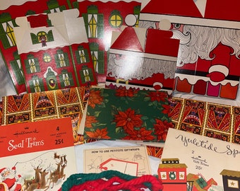 Vintage 1970s Christmas Boxes and Seals - set of 8 Boxes with Ties, Tags, and Christmas Seals - Petitotes, Hallmark