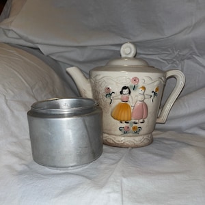 Vintage Porcelier Large Teapot - Dutch Boy and Girl Design with Metal Tea Strainer Topper
