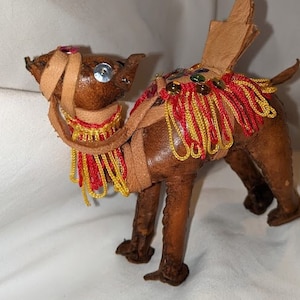 Vintage Leather Camel from Morocco with sequined saddle and fringe