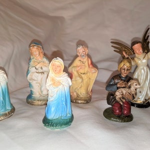 Vintage Christmas Figurines - Set of 6 Nativity Characters, Mary, Joseph, Shepherd Angel