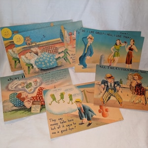 Vintage Mike Sil Funny Postcards - Juego de 7 tarjetas de papel de lino sin usar alrededor de la década de 1940 - Beach Vacation Humor