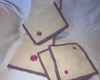 Vintage Linen Crocheted Runner, Placemat, and Napkins - 4 Pieces, Lilac Purple with Retro Star Embroidered Details