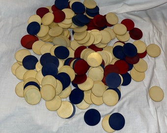 Jetons de poker vintage - 198 pièces, rouge, blanc, bleu, jetons solides vers les années 1960