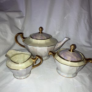 Vintage H C Czechoslovakia irisierendes Keramik-Tee-Set - Milchkännchen, Teekanne, Zuckerdose, Mermaid Pearl Opal Regenbogen Metallic Porzellan, Gilt