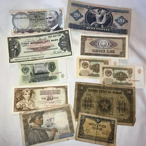 Vintage Paper Money Collection 1940s-1970s, 11 bills, variety from WWII Francs, Lira, Lei, Fornit, Ruble, European Currency