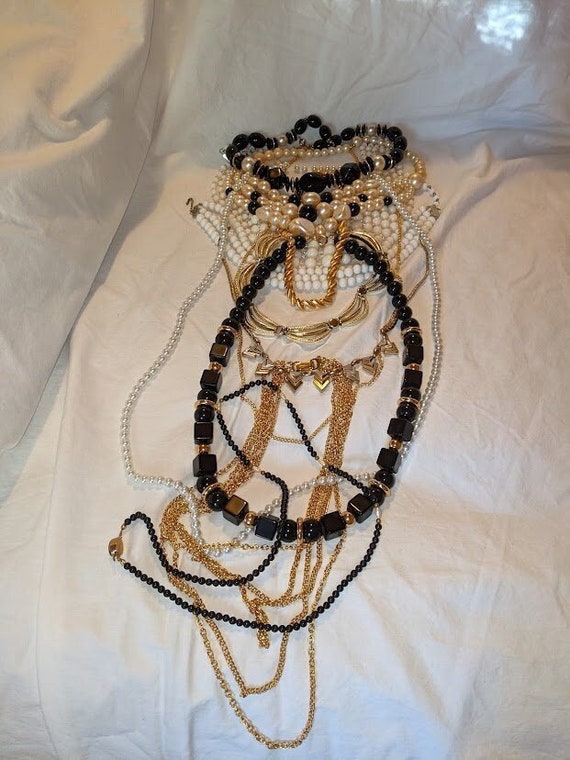 Vintage Necklace Set of 12 - Black, White & Gold C