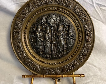 Vintage Brass Wedding Dish - Radha and Krishna, India pre-1950s