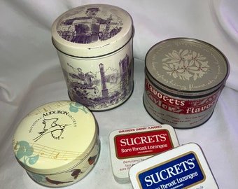 Vintage Tins for Storage or Decoration - Set of 5, Sucrets, Whitman Paris France, Audubon, Saylor’s - Trinkets, Jewelry, Stash, Crafts