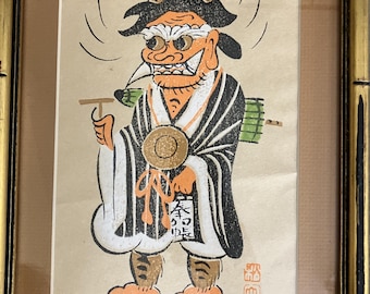 Vintage Shozan Takahashi Print - Demon Carrying Umbrella Otsu-e, 1920s Japanese Woodblock Art, Framed