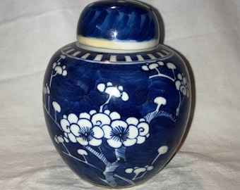 Antique 19th Century Chinese Porcelain Ginger Jar Urn, Blue and White China Lidded Vessel with Cherry Blossom Floral Details