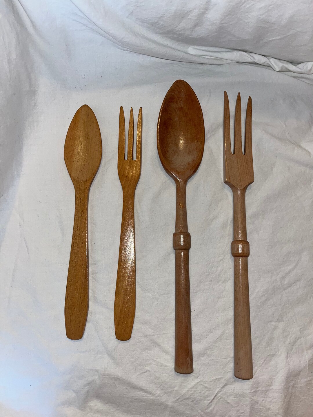 Vintage Hand Carved Wooden Utensils Set of 4, Spoons and Forks, Made in