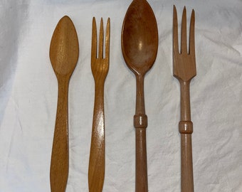 Utensilios de madera tallados a mano vintage - Juego de 4, cucharas y tenedores, hecho en Japón