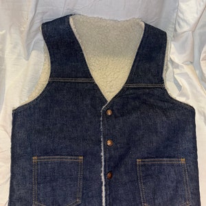 Vintage Denim & Wool Lined Vest, Retro circa 1970s, Size M (Mens), Snap Button and Two Pocket Front