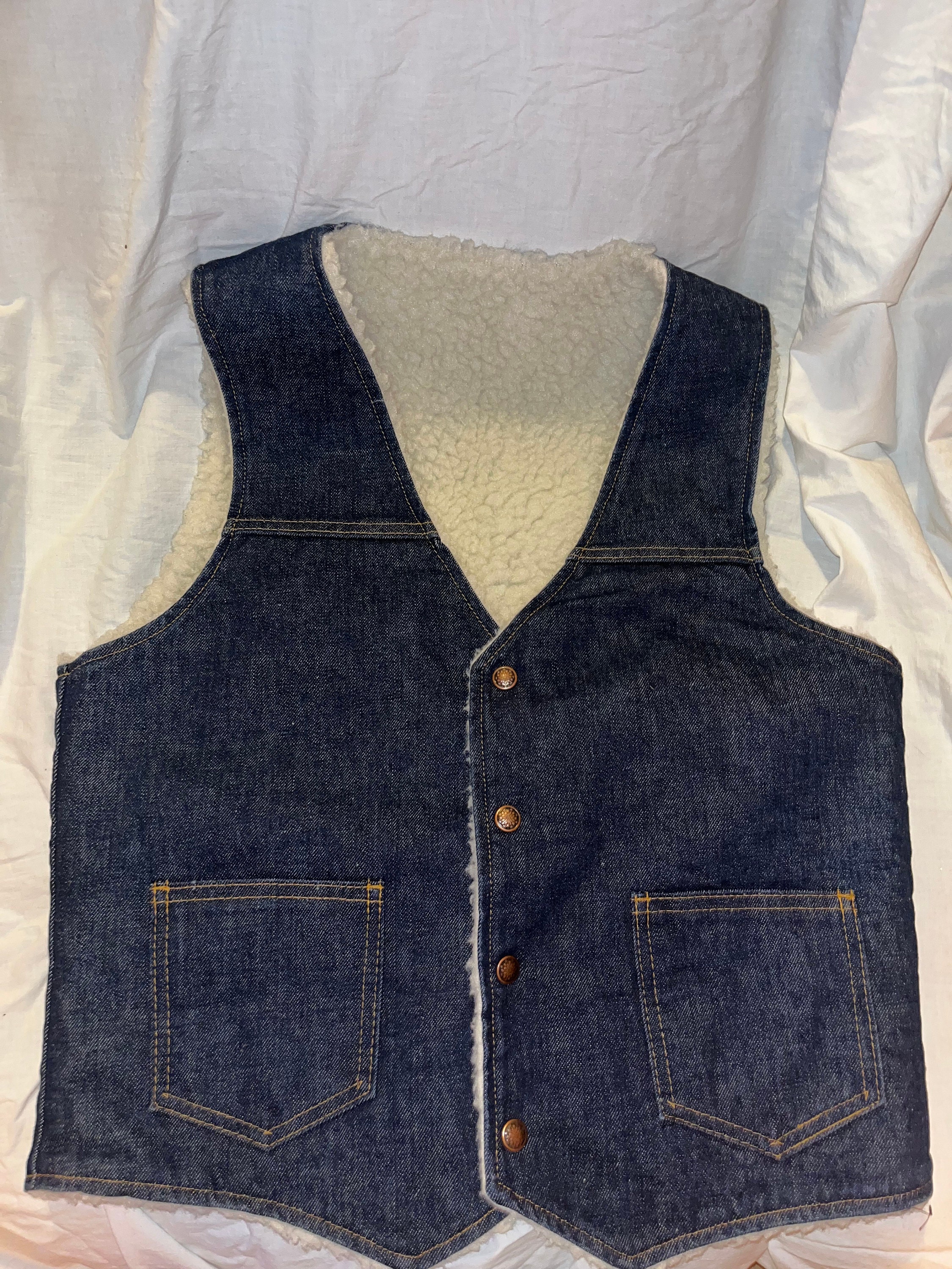 Vintage Denim & Wool Lined Vest, Retro Circa 1970s, Size M