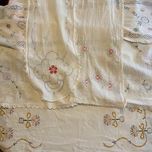 Vintage Embroidered Linen Tablecloths, Runners, Covers - Set of 9 with Floral Designs - Spring Wedding or Party Decor
