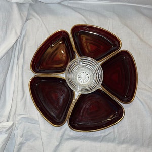 Vintage Ruby Red Glass Crudite/Dip/Appetizer Set - 5 Trays with Sauce Bowl